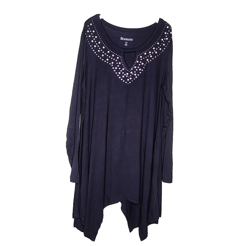 Roamans Tunic Knit Top 14/16 Black Embellished Pearl Rhinestone Keyhole